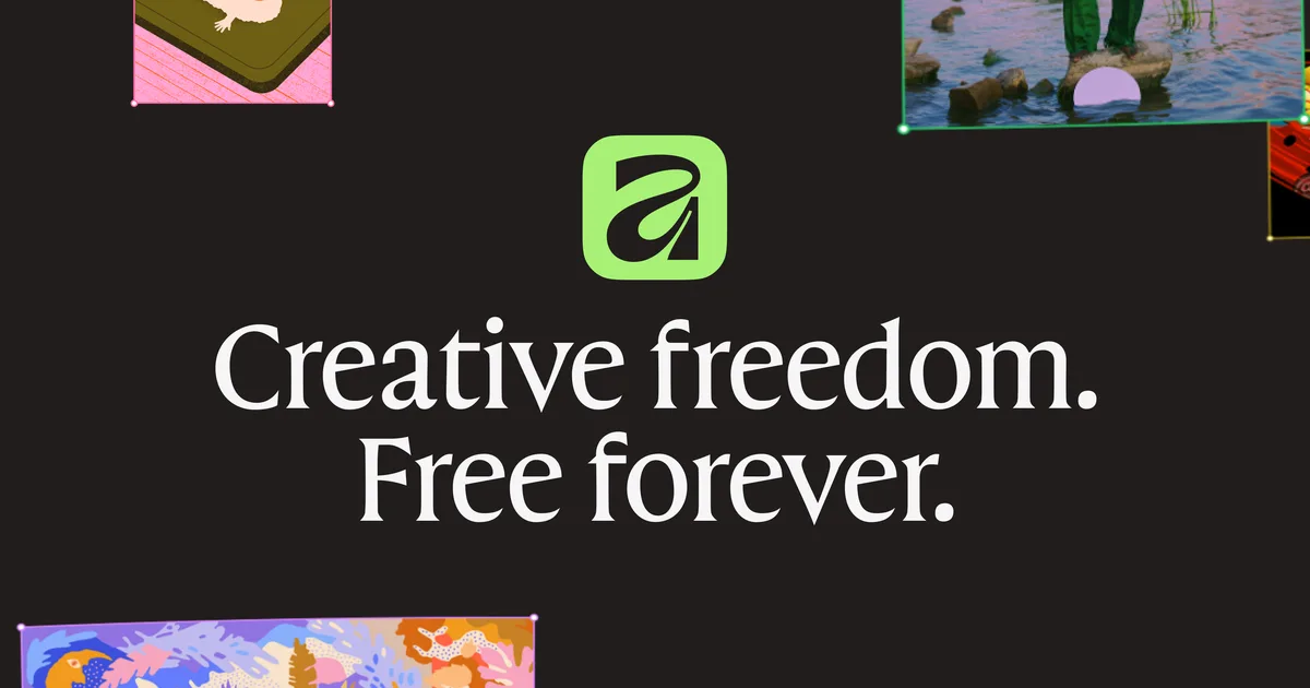 Affinity by Canva launch banner with the green Affinity app icon and the words Creative freedom. Free forever.