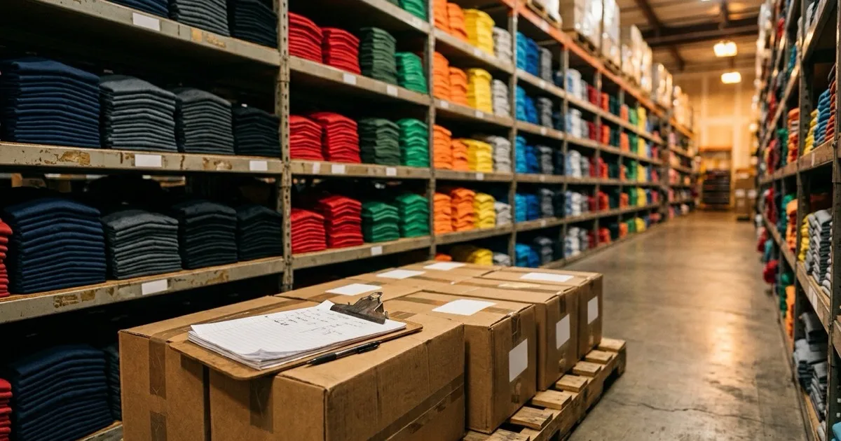 Stacks of folded blank t-shirts on a warehouse shelf with shipping cartons and a clipboard in the foreground