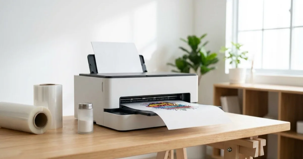 Compact desktop DTF printer printing a colorful design onto white transfer film on a home studio workbench