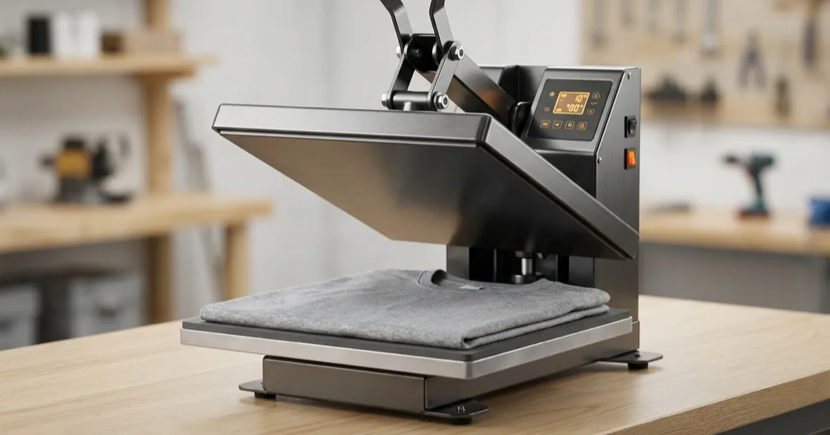 Clamshell heat press open on a workshop table with a folded blank t-shirt on the lower platen