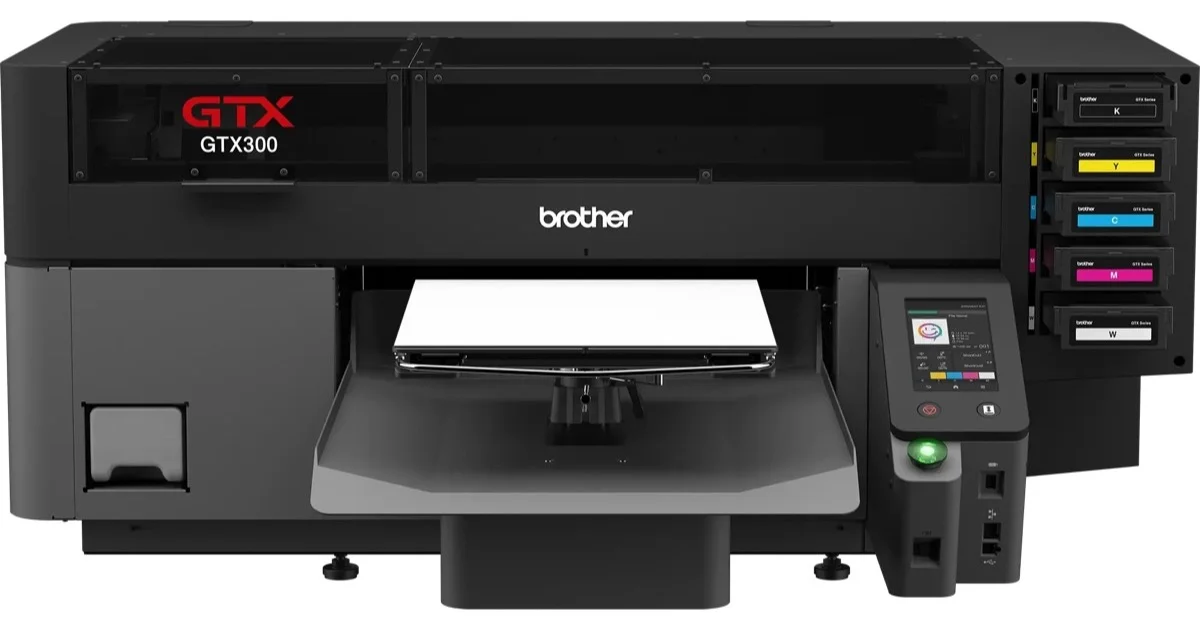 Brother GTX300 hybrid DTG and DTF printer, front view, with a white platen and the ink cartridge bay on the right