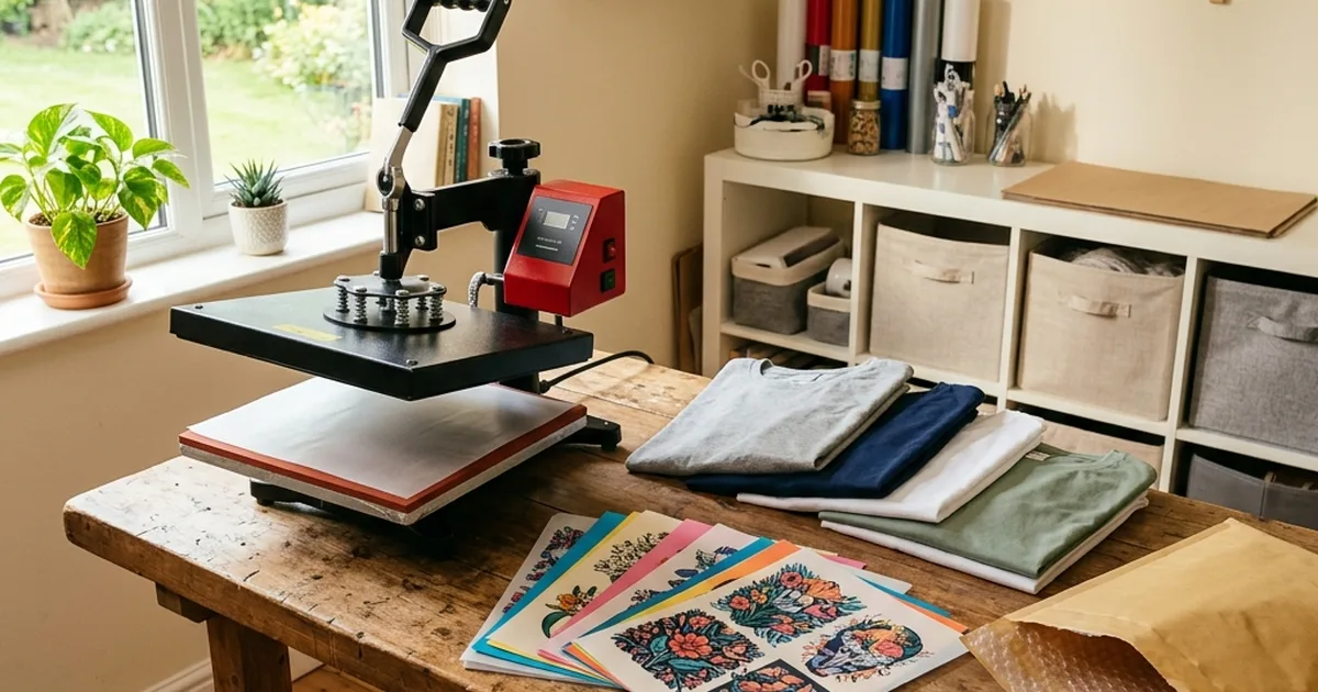 Small home craft room with a clamshell heat press, a stack of printed DTF transfer sheets, folded blank t-shirts, and an opened shipping mailer on a wooden workbench