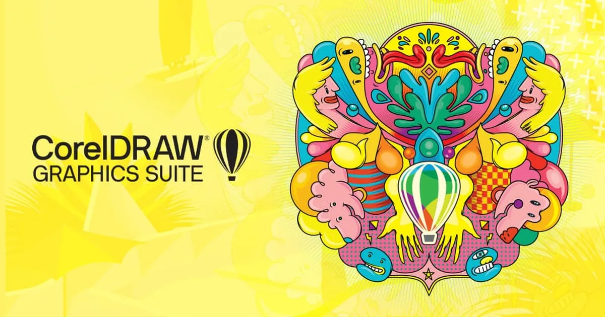 CorelDRAW Graphics Suite logo beside colorful vector illustration artwork on a yellow background