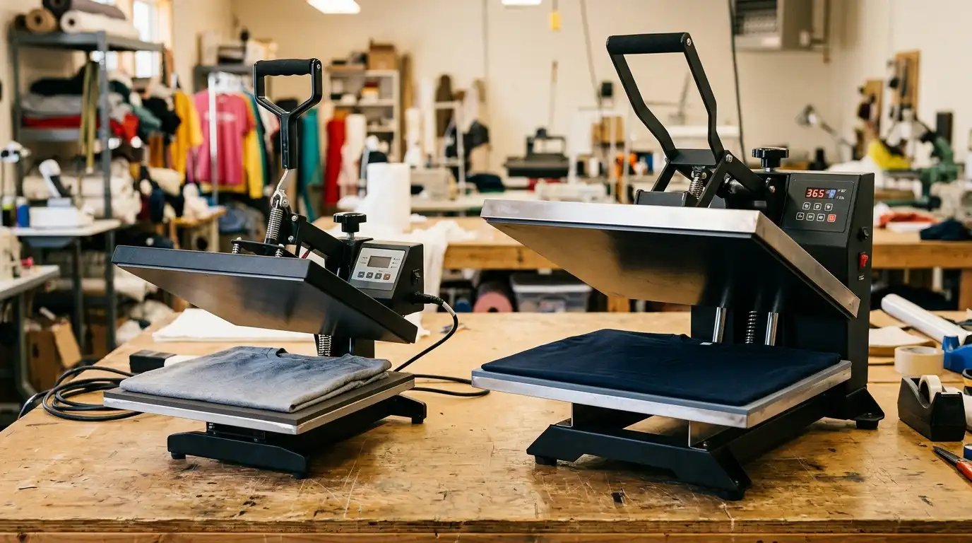 Two automatic clamshell heat presses side-by-side with a folded blank tee on the platen