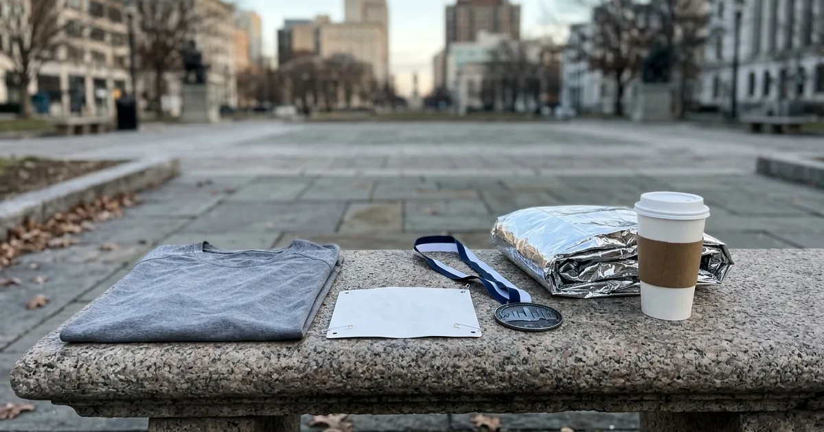 Folded gray running shirt, finisher medal, blank race bib, foil blanket, and coffee on a granite bench in a city plaza