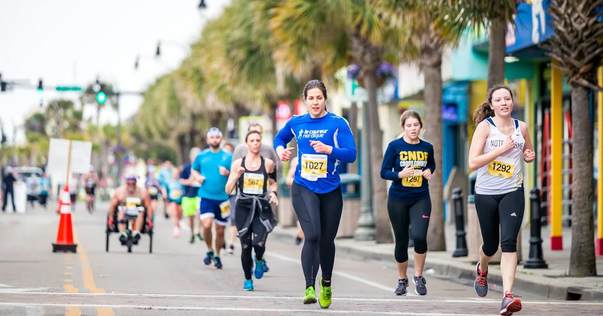 Runners with race bibs on a palm-lined street during a road race, with a wheelchair athlete behind them