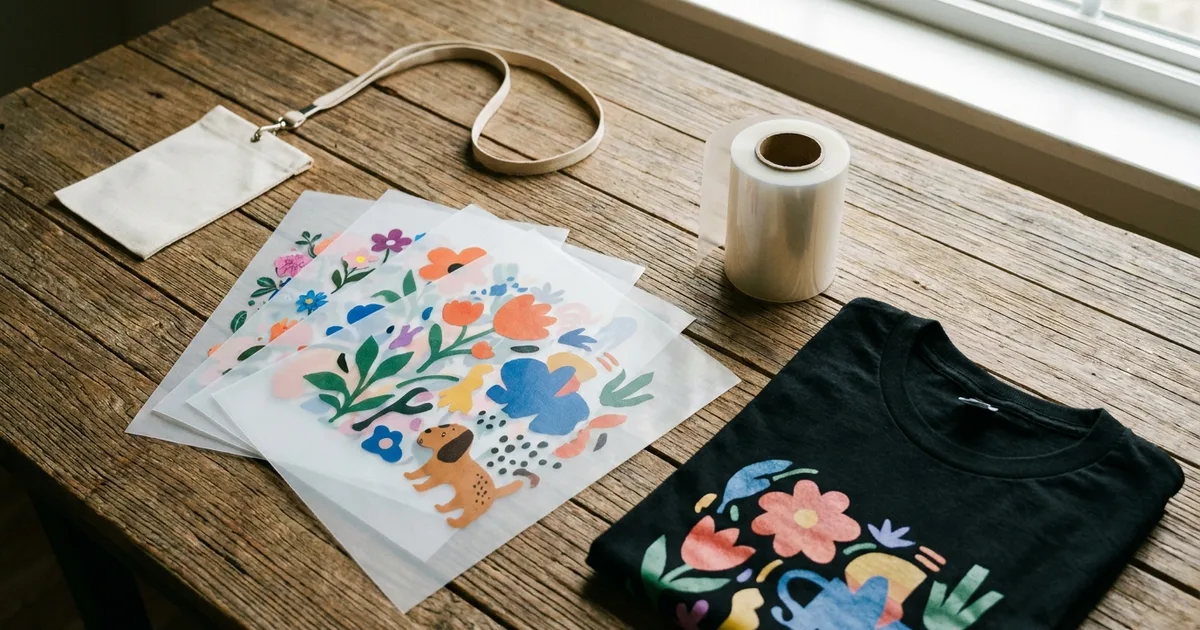 Event badge on a lanyard beside DTF transfer sheets, a film roll and a folded printed T-shirt on a table