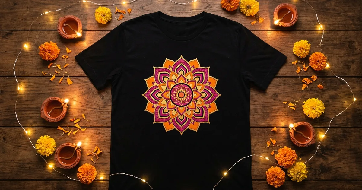 Black t-shirt with a magenta and orange mandala design surrounded by clay diya lamps, marigolds and string lights