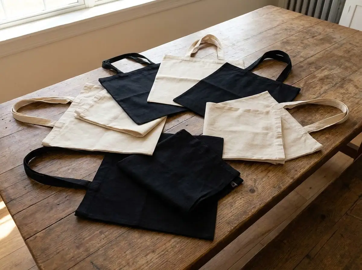 Blank natural cotton and black tote bags spread out on a wooden table, ready for DTF printing
