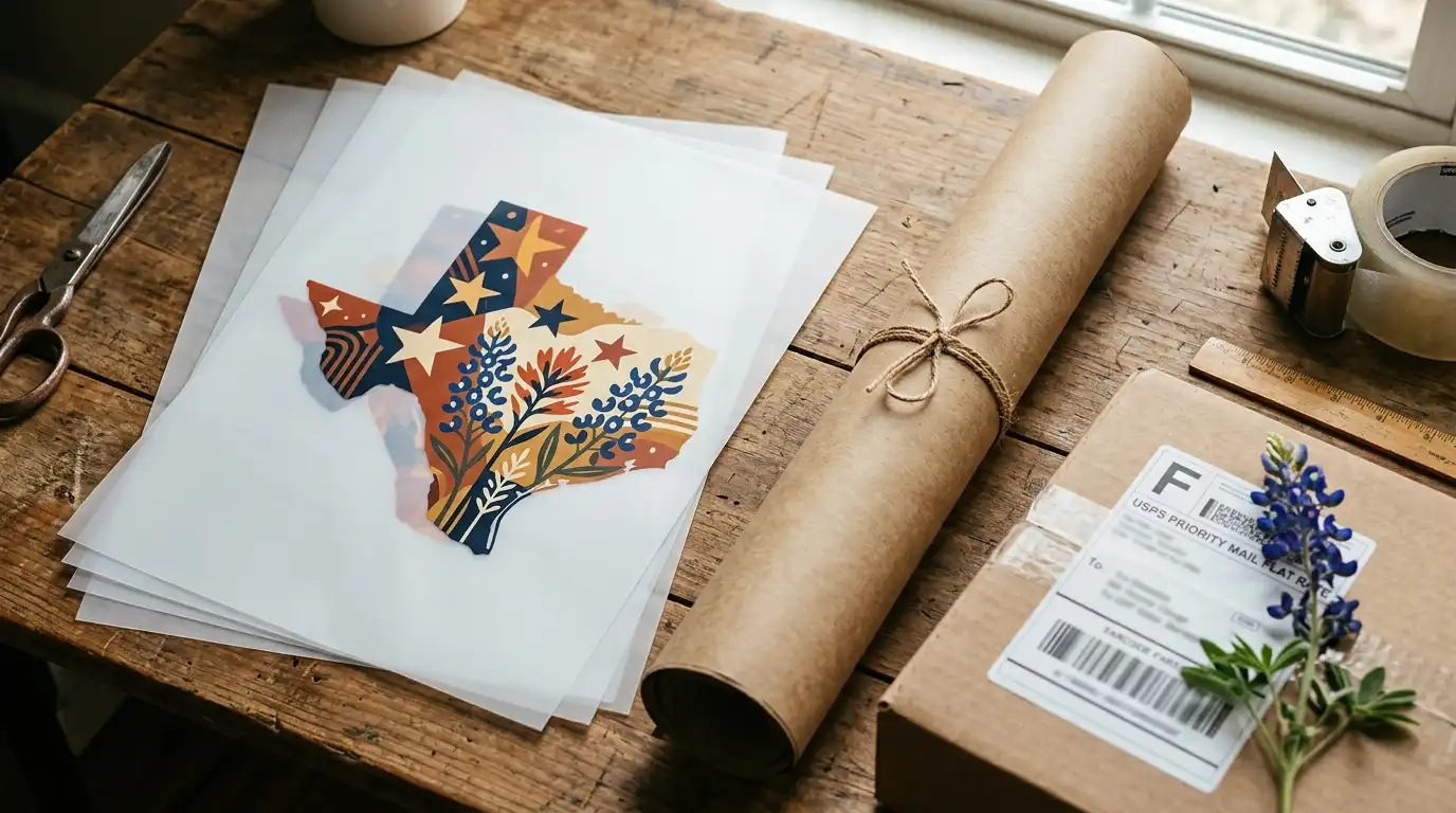 Dallas DTF transfer flat-lay with stacked gang sheets, packing paper, shipping label, and a bluebonnet sprig