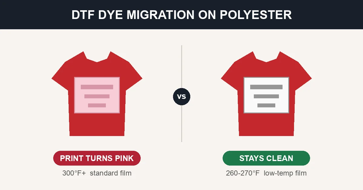 Close-up comparison of two white DTF prints on red polyester tees, one showing pink dye migration ghosting across the white ink and one printed clean with low-temp film