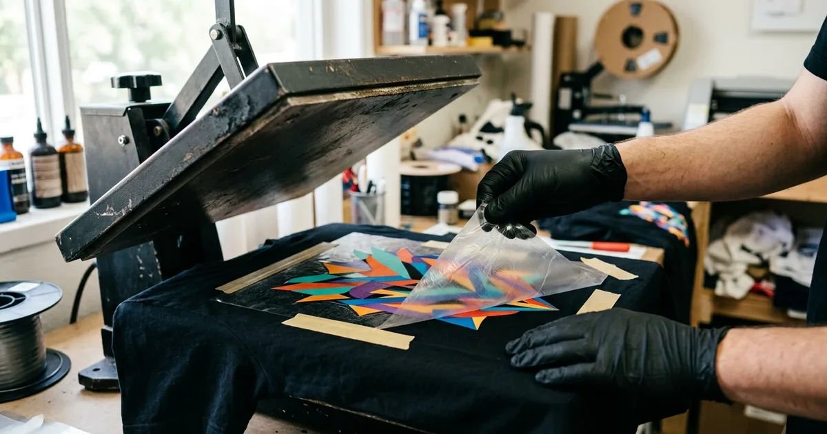 Gloved hands peeling clear DTF transfer film off a black t-shirt on an open heat press, with heat tape on the film edges