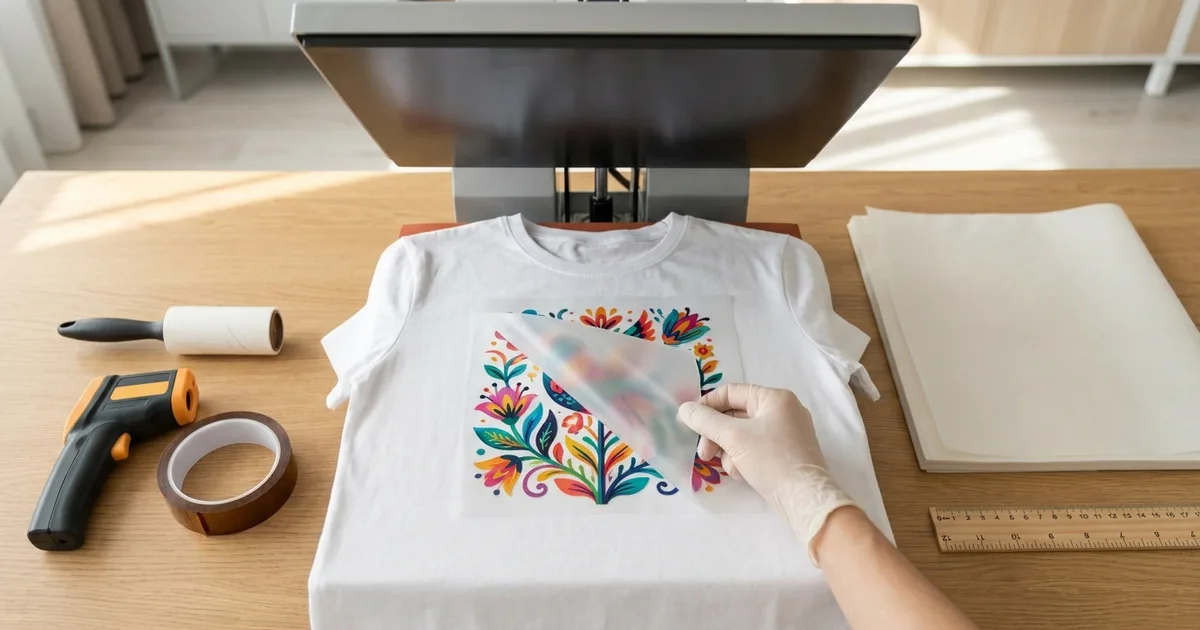Gloved hand peeling DTF transfer film off a white t-shirt on a heat press, with an infrared thermometer, lint roller, heat tape, parchment sheets and a ruler on the table