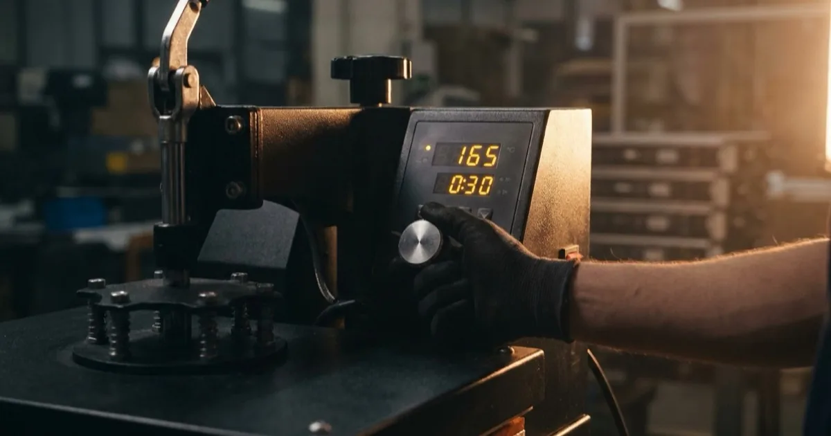Operator adjusting the pressure knob on a heat press control panel showing temperature and timer readouts