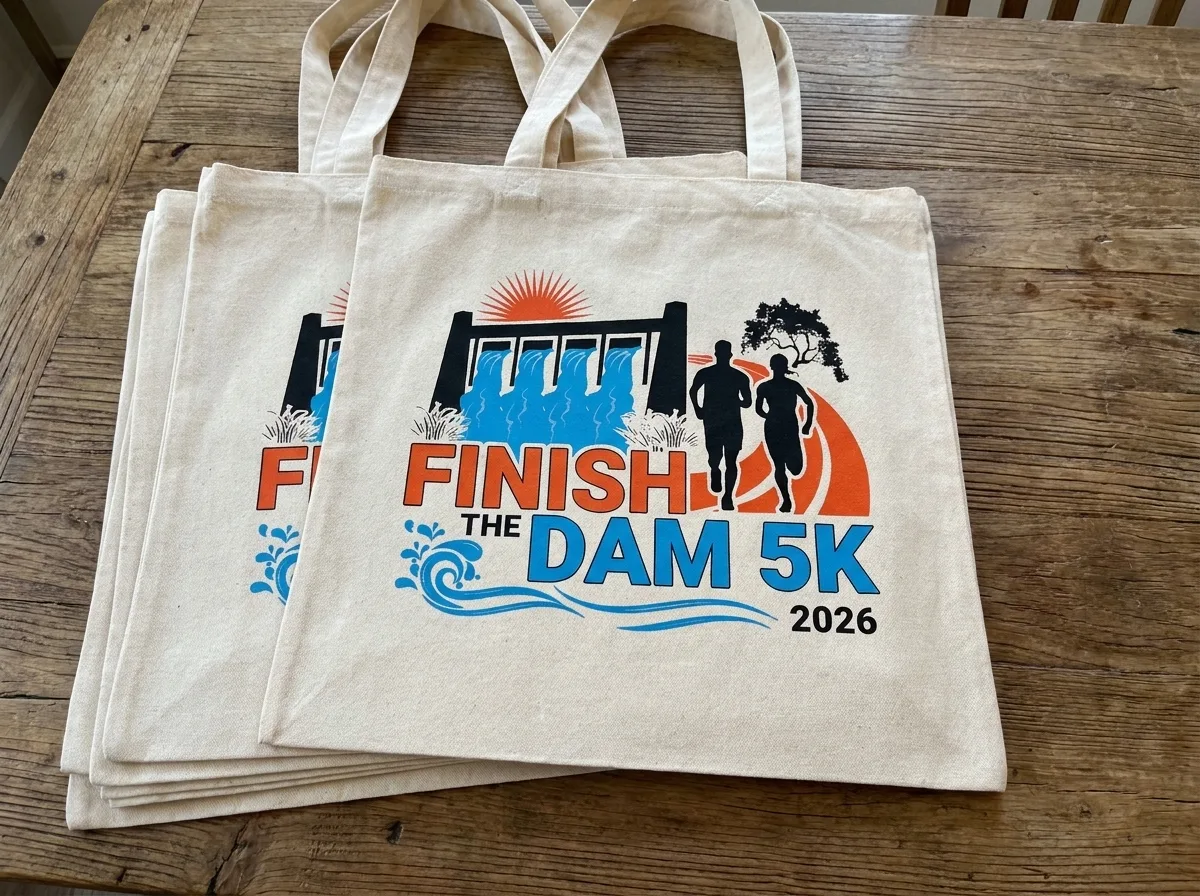 Stack of natural cotton tote bags printed with a full-color Finish the Dam 5K 2026 DTF transfer on a wooden table