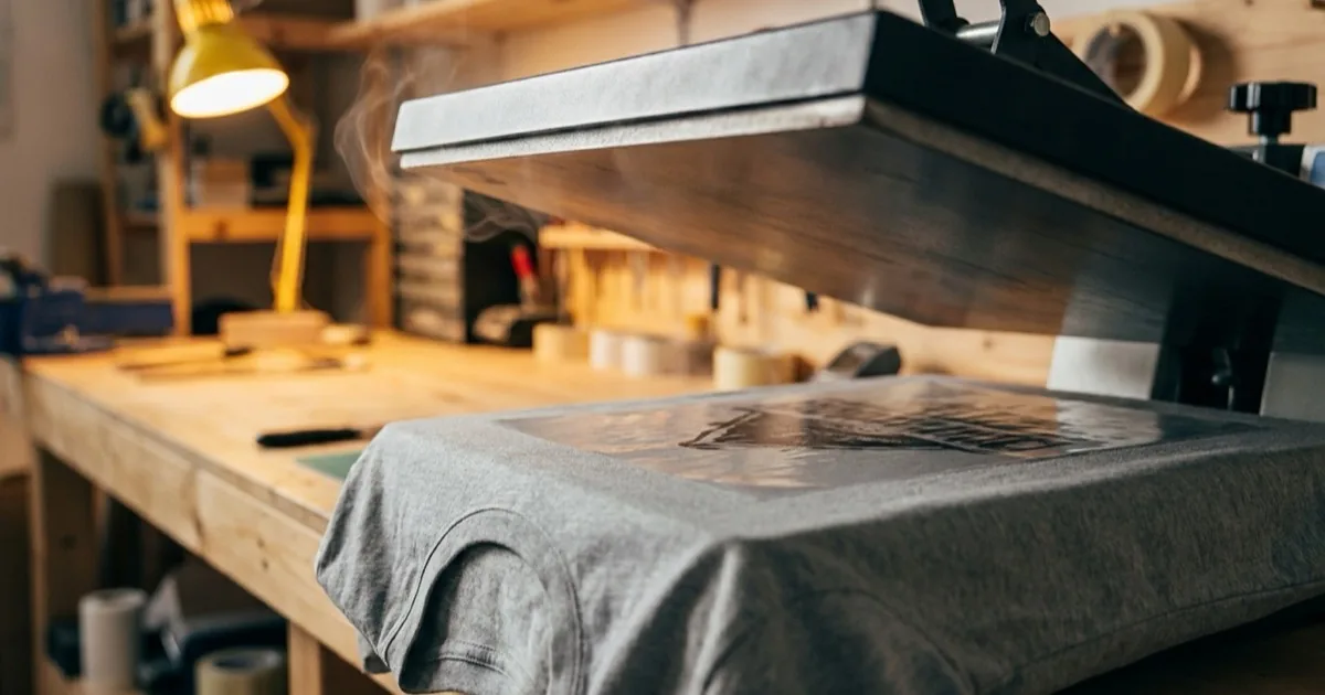 Heat press platen closing onto a printed transfer film laid on a blank grey t-shirt