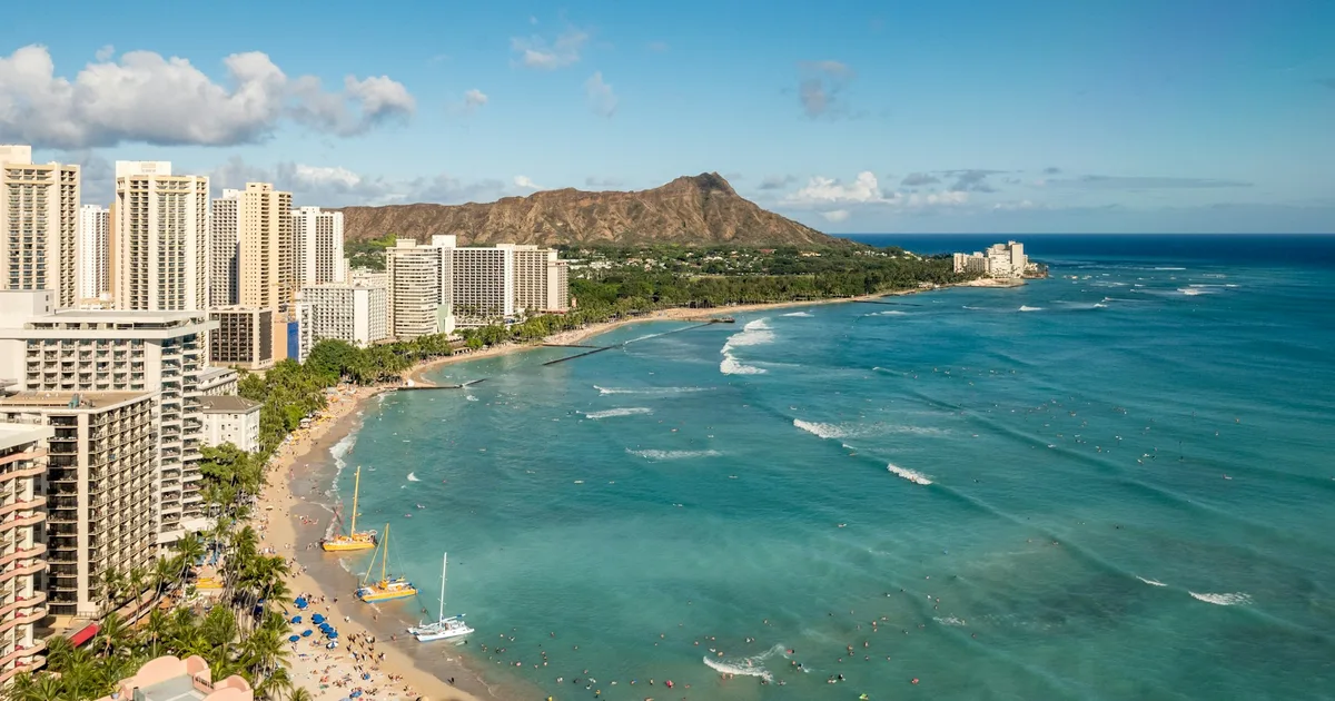 Waikiki Beach and Diamond Head seen from above Honolulu