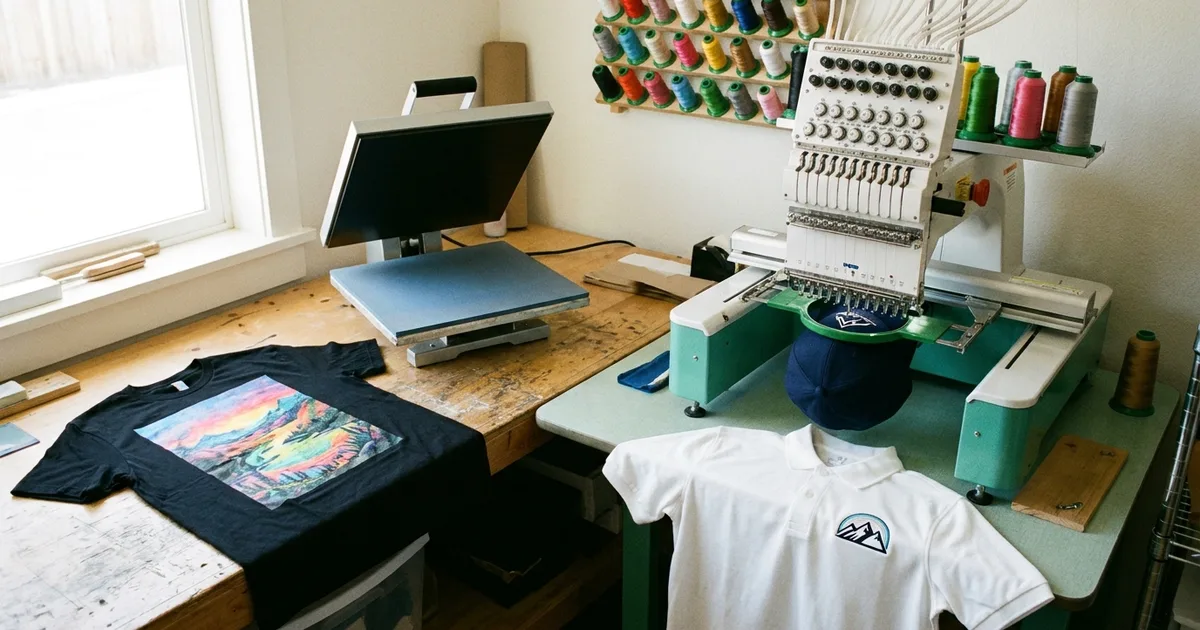 Small apparel shop workbench with a clamshell heat press and a full-color printed black t-shirt on one side and a multi-needle embroidery machine stitching a cap beside an embroidered polo on the other