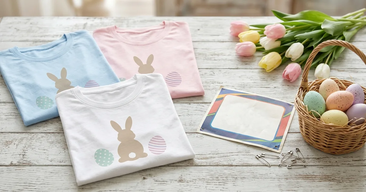 Pastel T-shirts printed with bunny and egg graphics next to a basket of painted eggs and a race bib on a wooden table