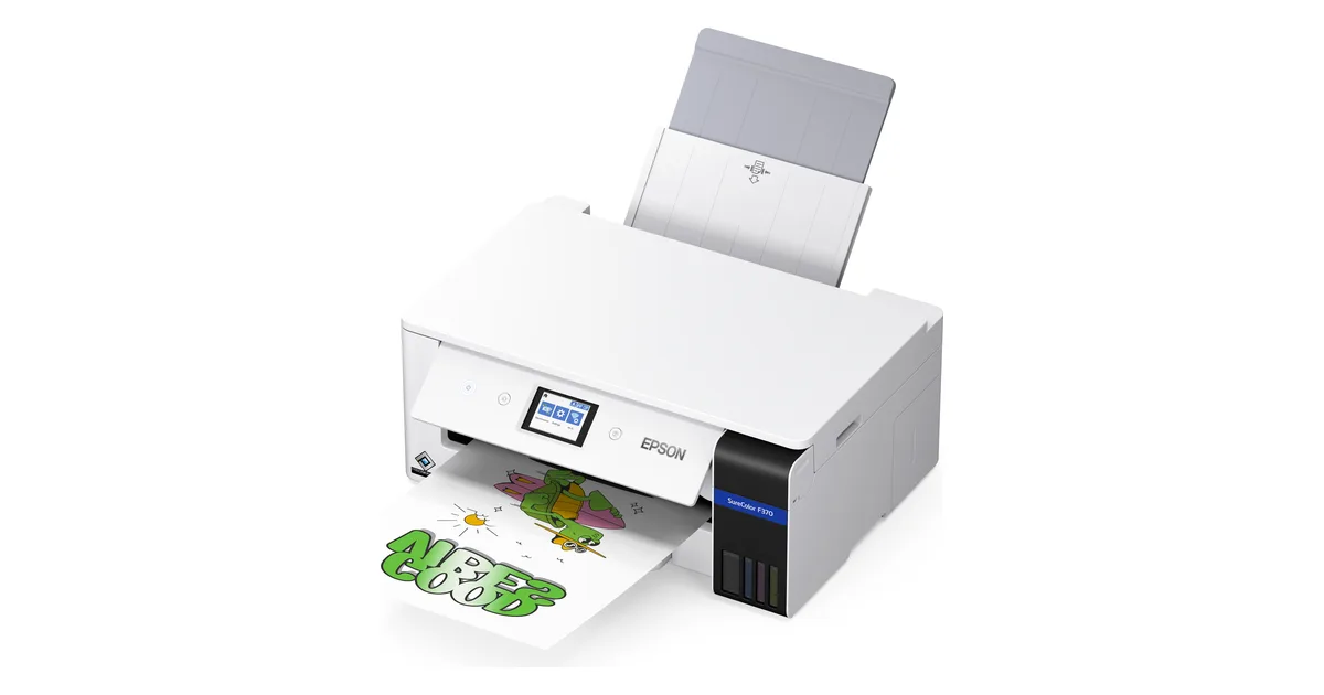 Epson SureColor F370 white desktop dye-sublimation printer with rear tray extended and a printed transfer sheet in the output tray