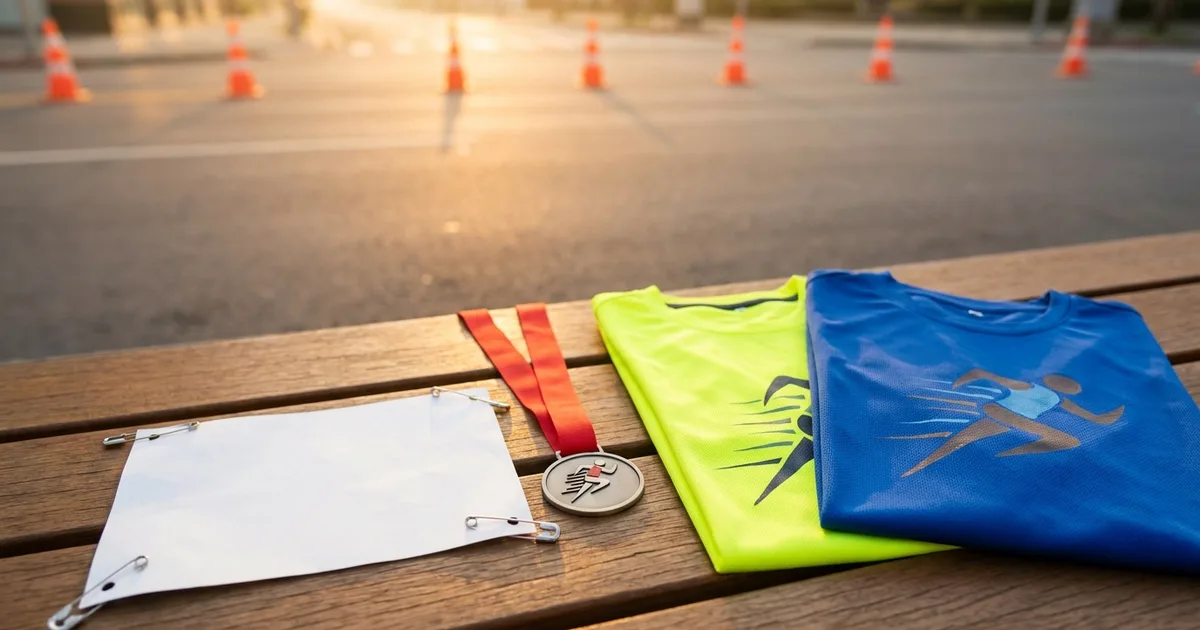 Blank race bib with safety pins, a finisher medal, and folded neon yellow and royal blue running shirts on a bench beside a coned-off race course at sunrise
