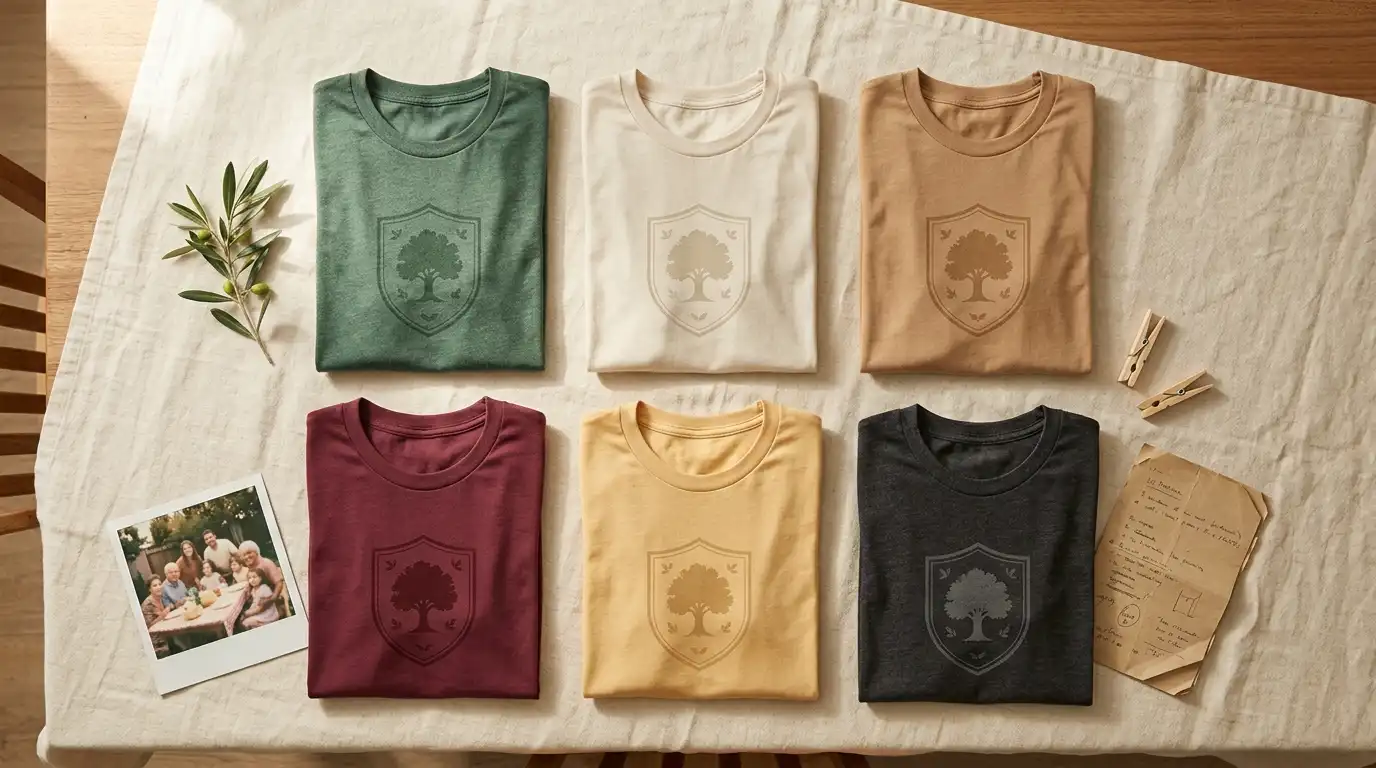 Six folded family reunion t-shirts in coordinated earthy colors arranged on a cream linen table with a tone-on-tone family crest print