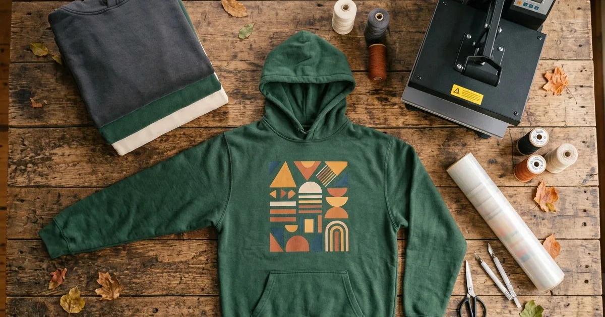 Green fleece hoodie with a geometric transfer design laid flat on a wooden workbench beside a heat press, a roll of film, and folded hoodies