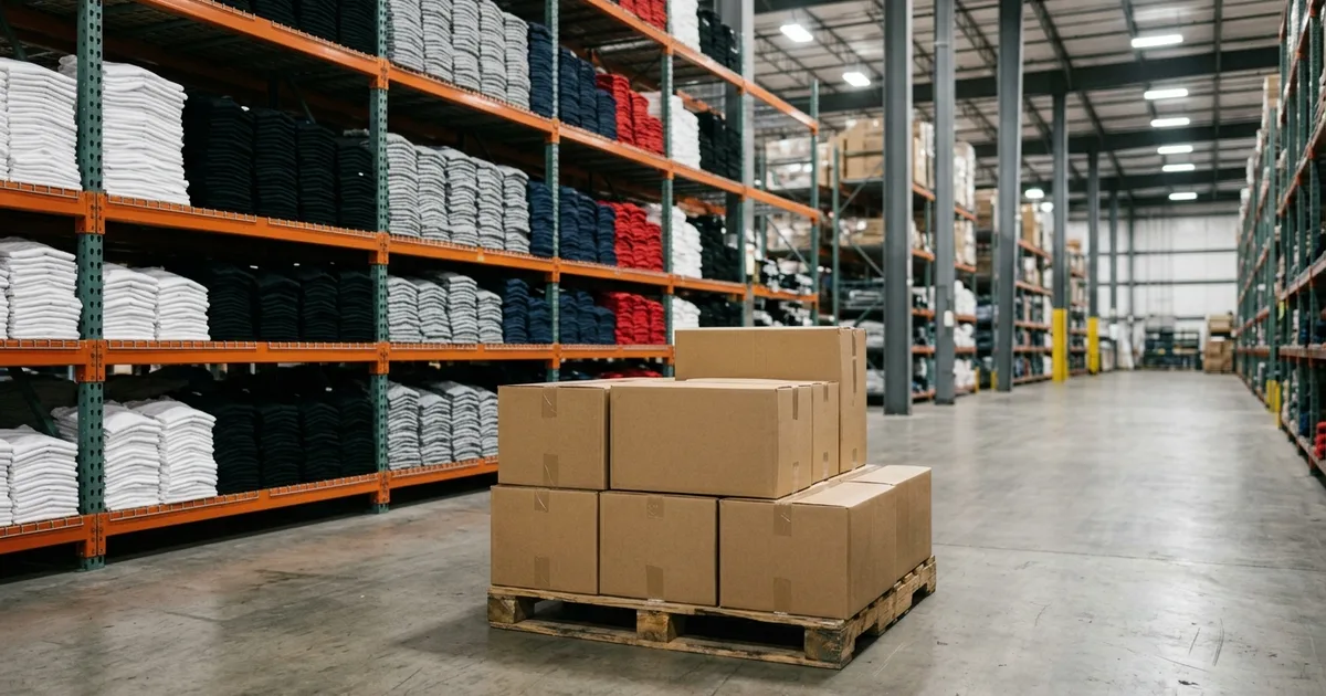 Warehouse shelves stacked with folded blank t-shirts in white, black, gray, navy and red beside a pallet of shipping cases