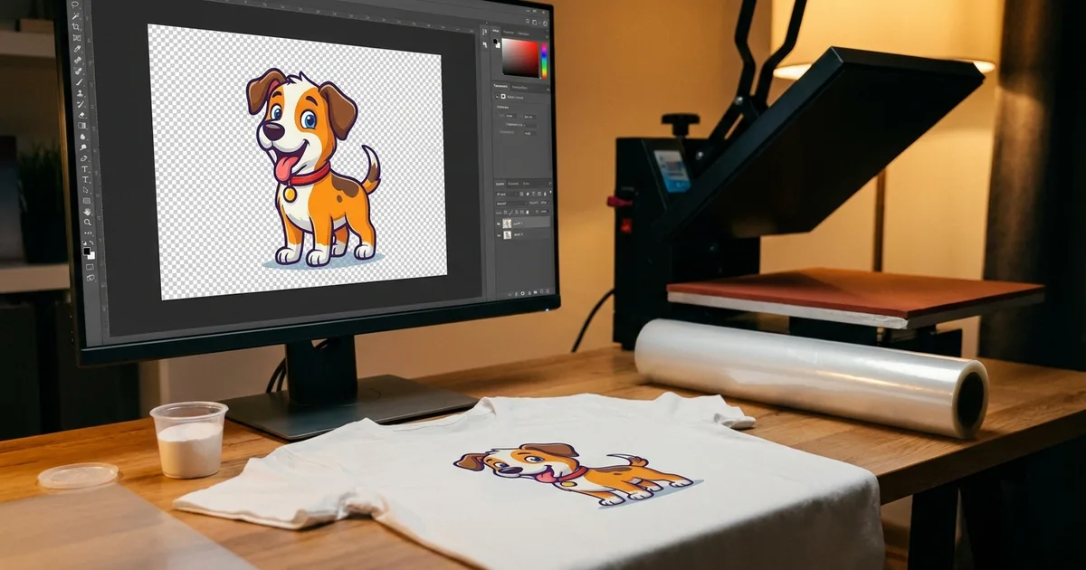 Monitor showing a cartoon dog cut out on a transparency checkerboard in a photo editor, next to a heat press, a white t-shirt with the printed dog, a film roll, and a cup of powder