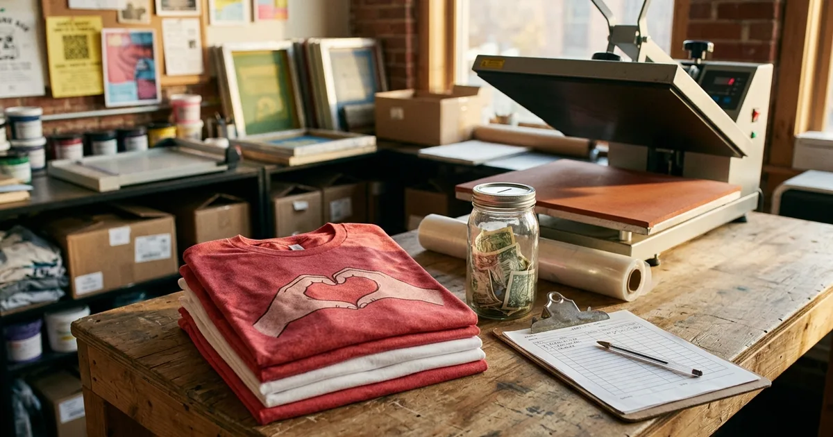 Stack of folded heather red and white T-shirts printed with a two-hands heart graphic next to a donation jar, clipboard and heat press