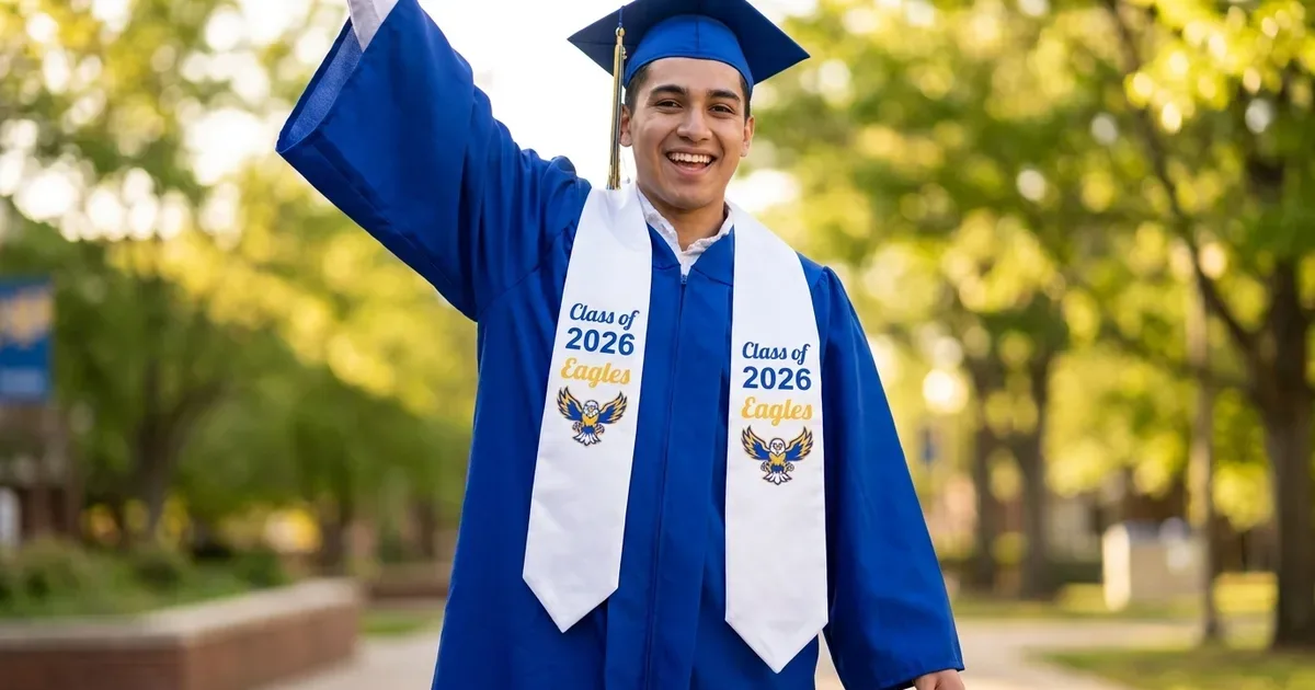 Custom DTF-printed graduation stole in school colors with mascot artwork ready for a May graduation ceremony