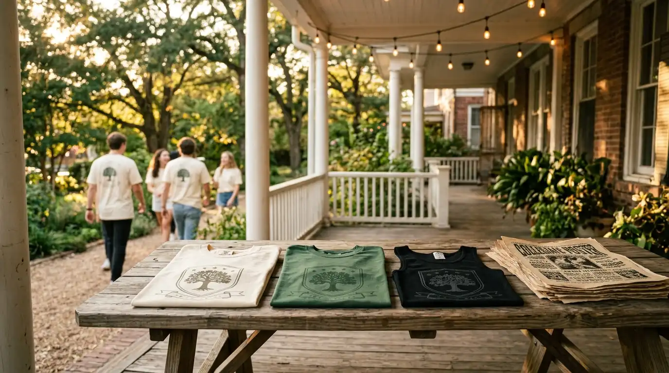 Three folded greek-life shirts on a wooden porch table — cream, forest, and black — with abstract collegiate crests and an out-of-focus columned fraternity house in golden hour light