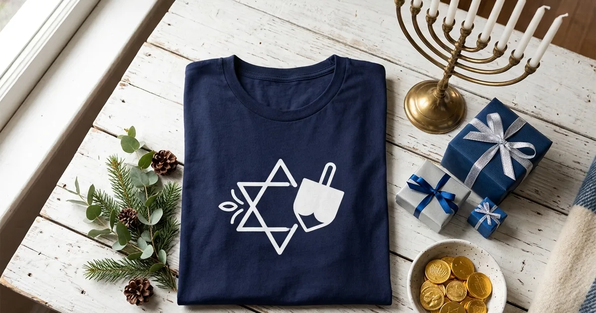 Folded navy T-shirt with a white Star of David and dreidel graphic beside a brass menorah, wrapped gifts, and a bowl of gold chocolate coins