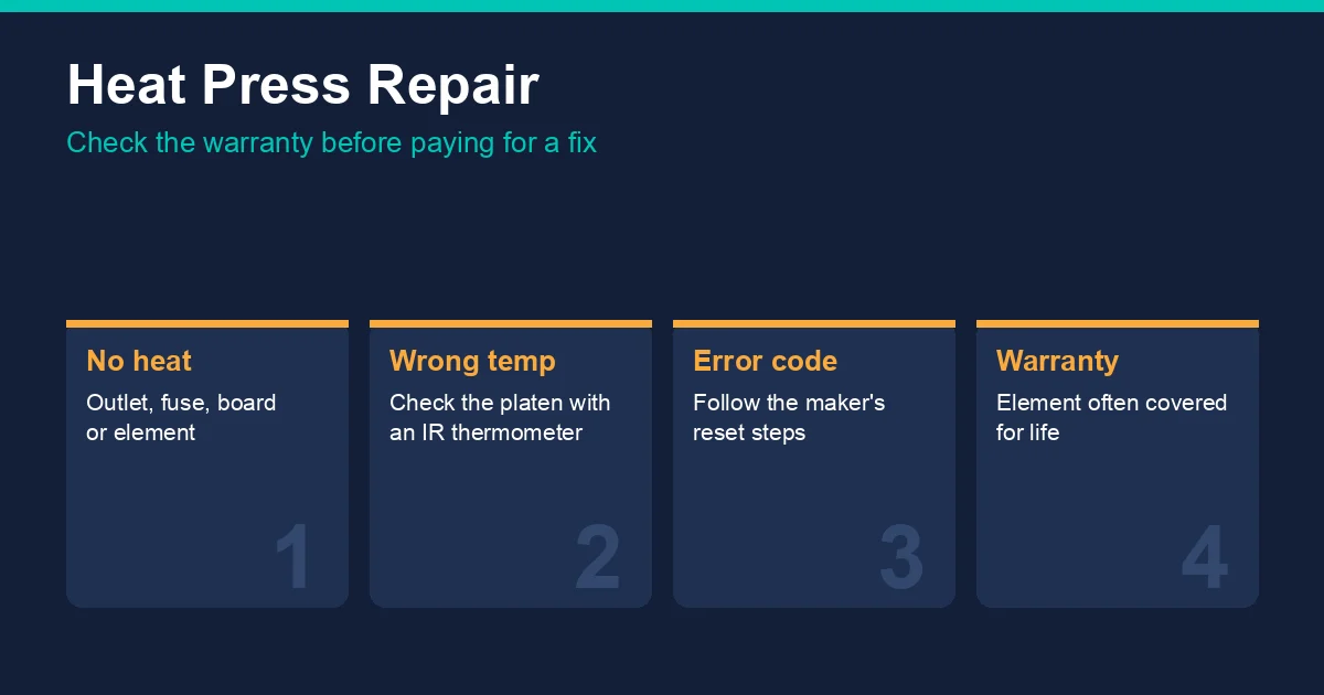 Heat press repair checklist: no heat, wrong temperature, uneven pressure and error codes, with warranty coverage for heating element, frame and circuit board