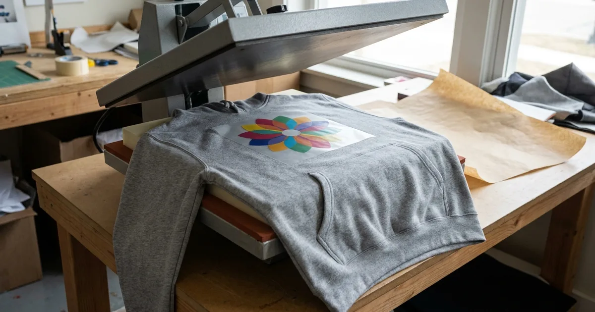 Gray pullover hoodie on an open clamshell heat press, with a foam pillow inside raising the chest print area and a DTF transfer placed above the front pocket seam