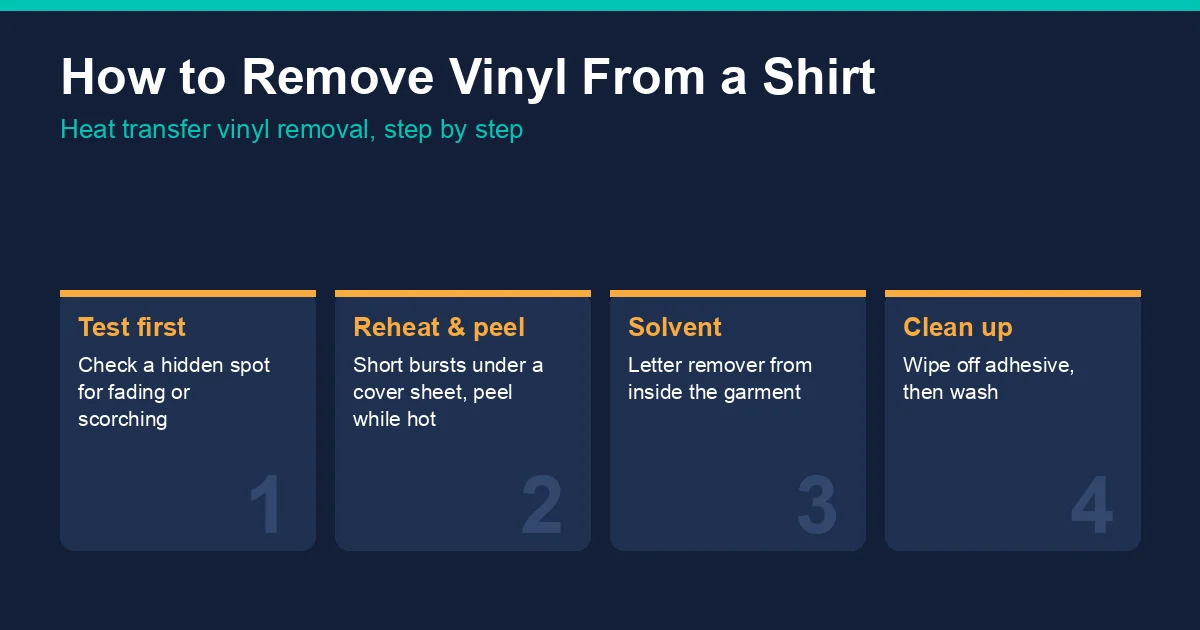 How to remove vinyl from a shirt: reheat and peel, solvent from inside the garment, wipe off adhesive residue, test colourfastness first