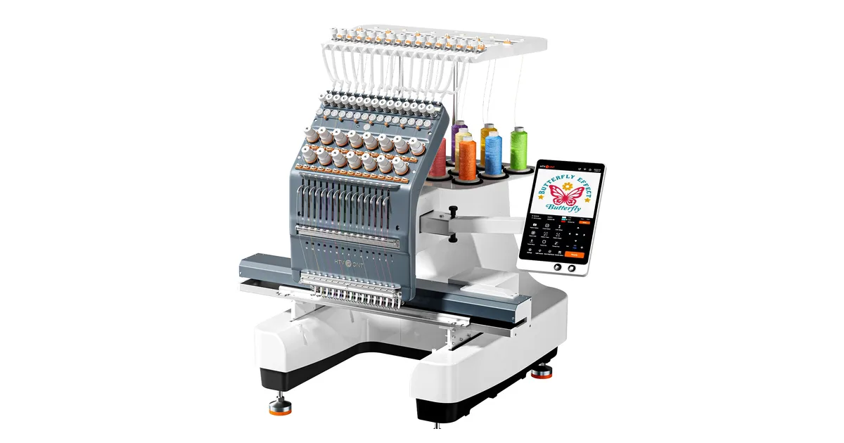 HTVRONT E15 15-needle embroidery machine in white and gray with thread cones on the top rack and a side-mounted touchscreen