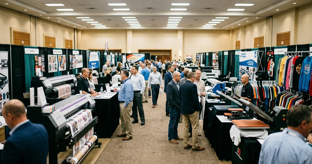 Decorated apparel trade show floor with booths showing roll-fed printers, heat presses, and racks of printed shirts
