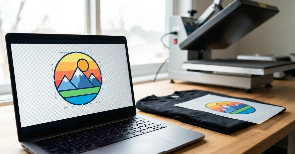 Laptop showing a flat mountain and sun badge with vector path handles on a transparent checkerboard, beside a black t-shirt, a printed transfer sheet, and a heat press