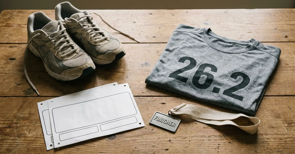 Race bibs, running shoes and folded performance T-shirts with printed numbers laid out on a table