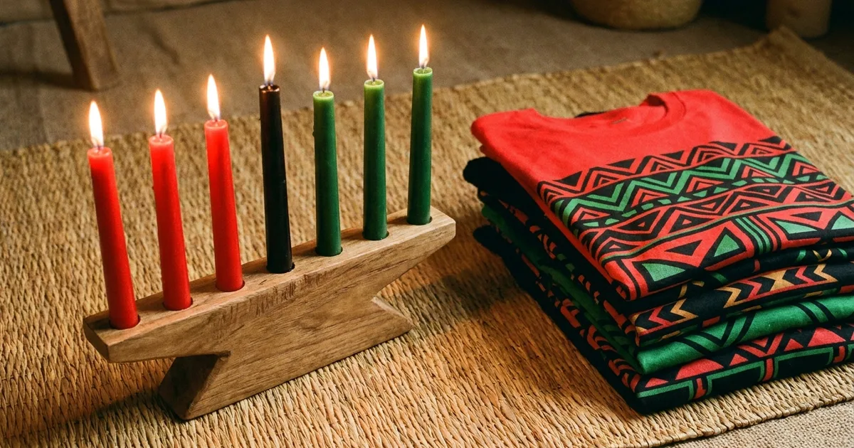 Kinara with seven candles in red, black and green beside folded T-shirts with geometric patterns