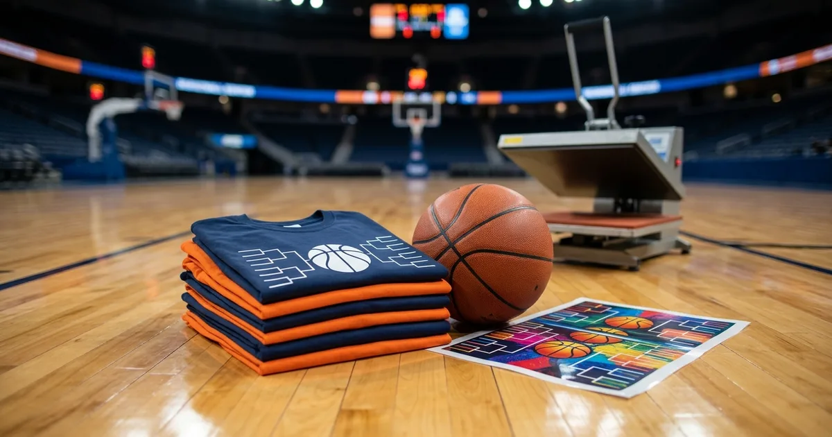Stack of navy and orange T-shirts printed with a basketball and bracket graphic beside a basketball and a sheet of transfers on an arena court, heat press behind