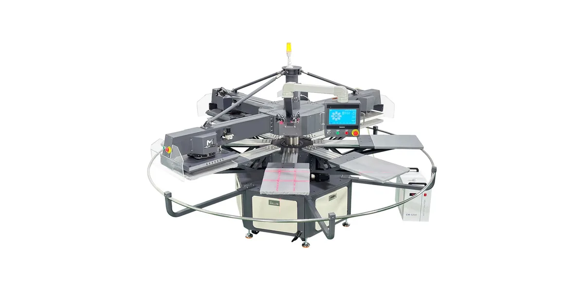 Microtec APEX X8 eight-station rotary heat press with touchscreen, heat press head, and water chiller
