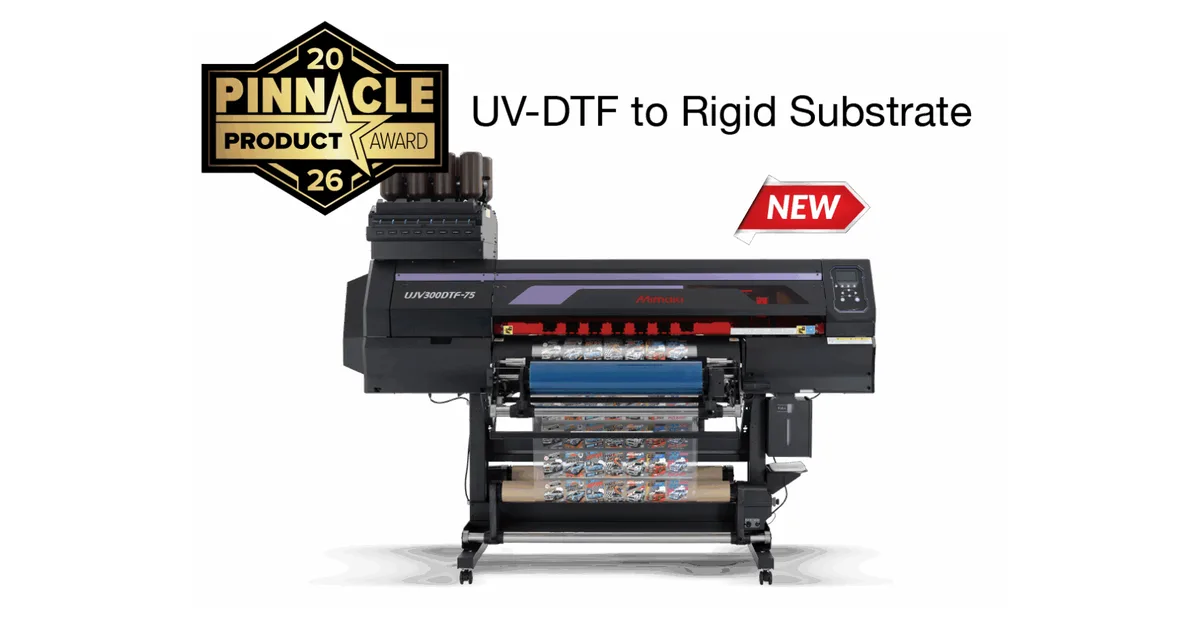 Mimaki UJV300DTF-75 roll-to-roll UV DTF printer on its stand with laminated sticker film on the take-up roll and a 2026 Pinnacle Product Award badge