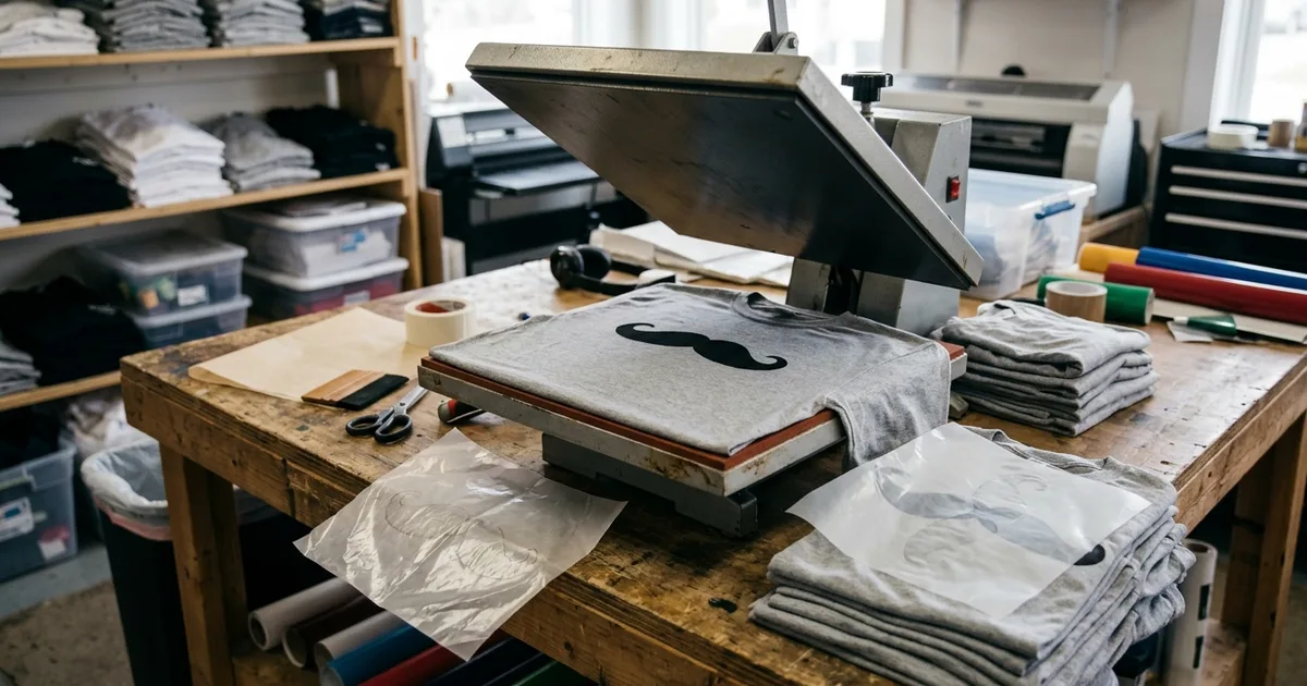Heather gray t-shirt with a black handlebar mustache graphic on an open clamshell heat press next to a peeled transfer film