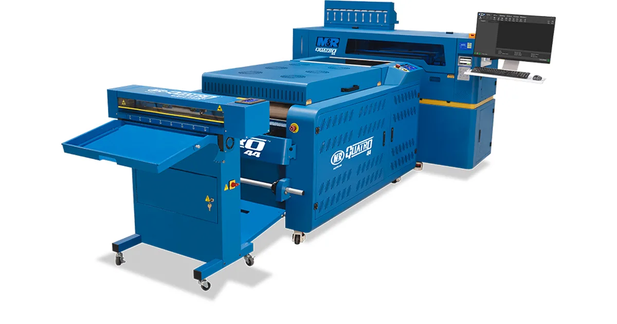 M&R QUATRO 44 DTF system in blue with the printer, combination powder applicator and infrared dryer, and a QUATRO film cutter