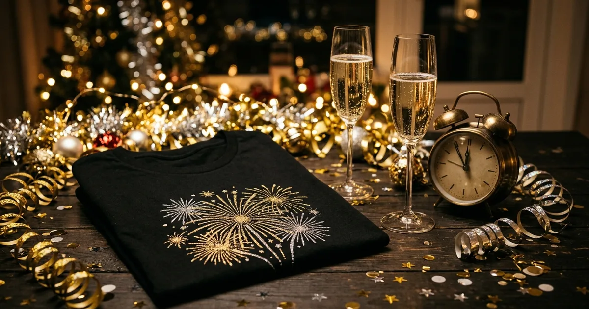 Folded black t-shirt with a gold and silver fireworks graphic beside champagne flutes, an alarm clock and gold confetti