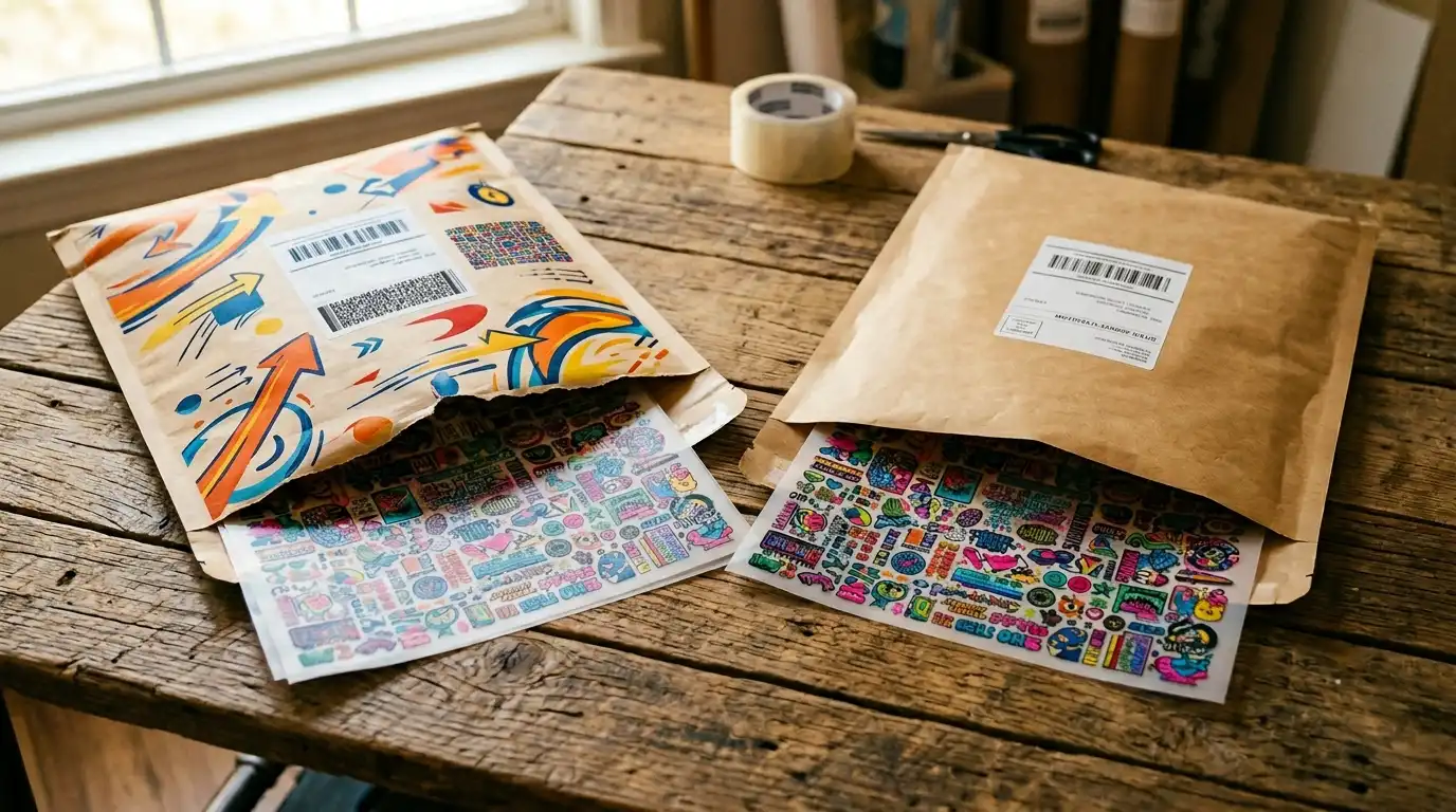 Two opened DTF transfer shipping mailers side-by-side with gang sheets visible in each