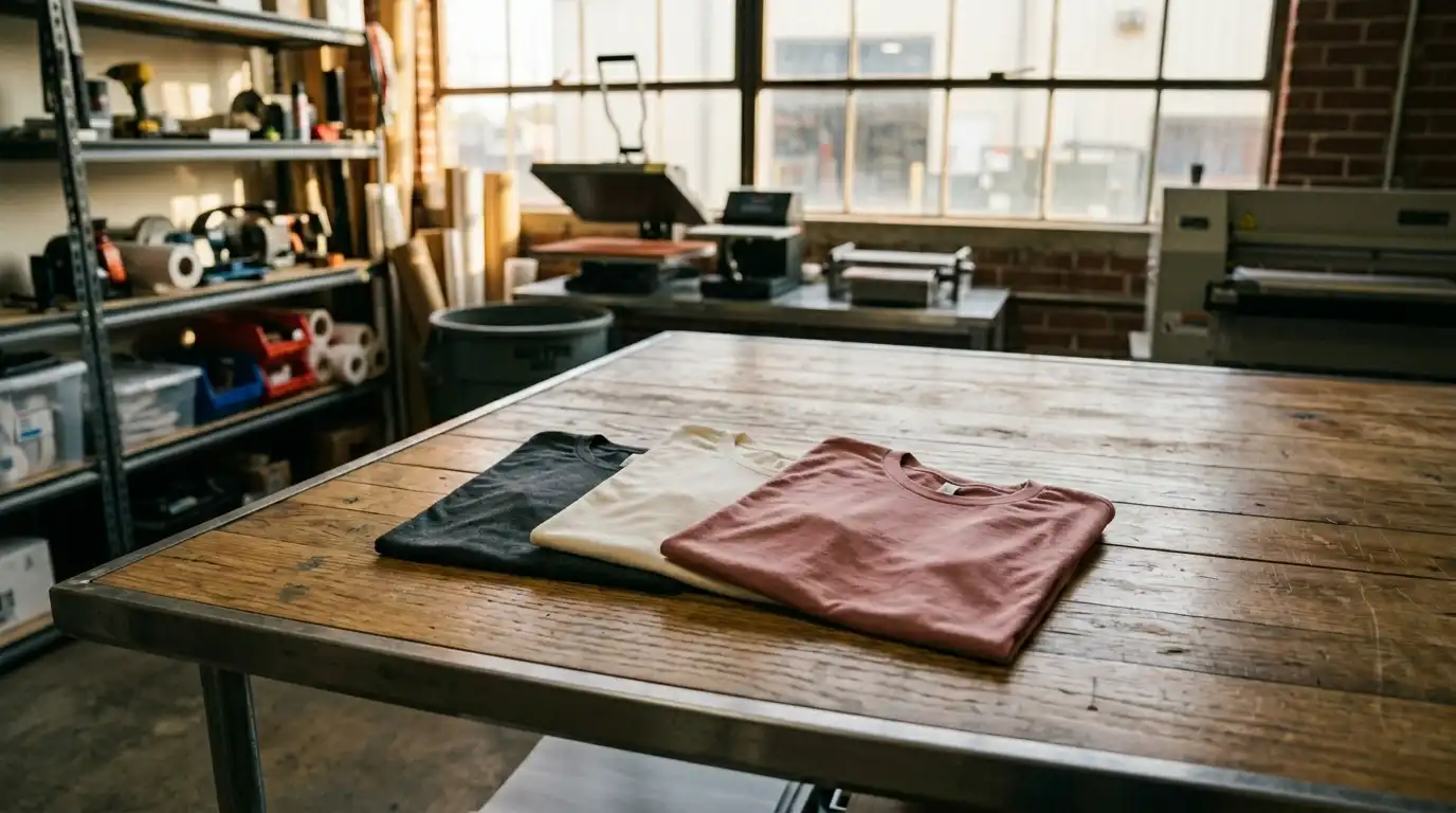 Folded tees and DTF transfer sheets on a wood workshop counter with a heat press in soft focus