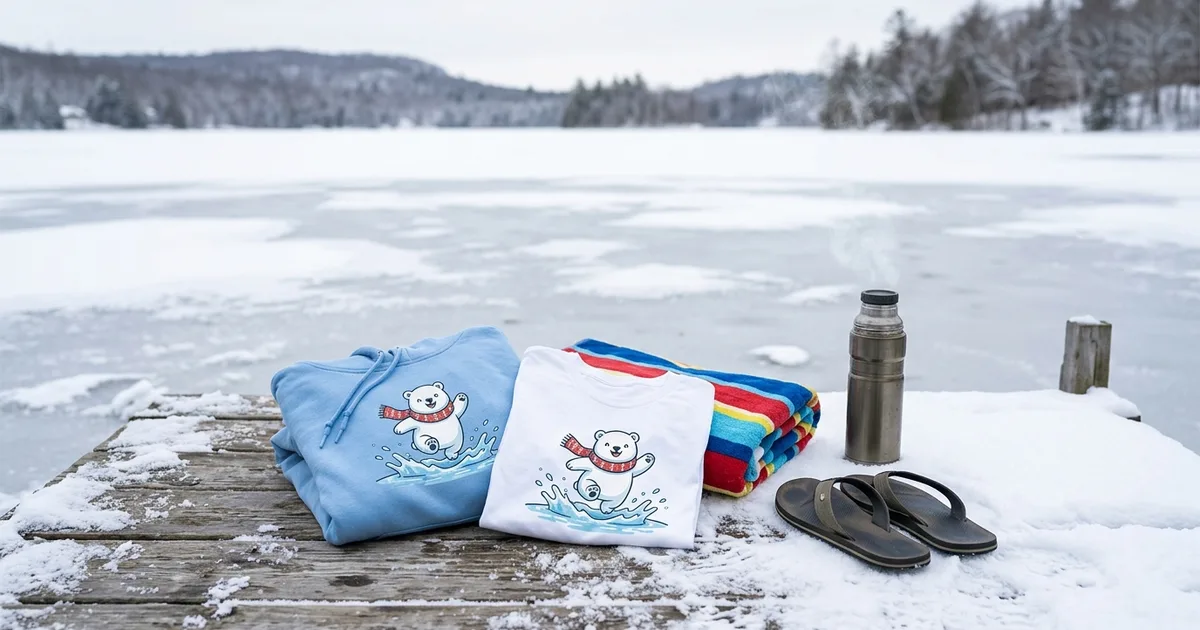 Light blue hoodie and white T-shirt printed with a cartoon polar bear in a scarf, folded on a snowy dock beside a towel, flip-flops and a thermos